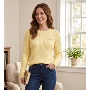 IZOD Cable Knit Crew Neck Sweater Women's XL Long Sleeve Logo Yellow 100% Cotton